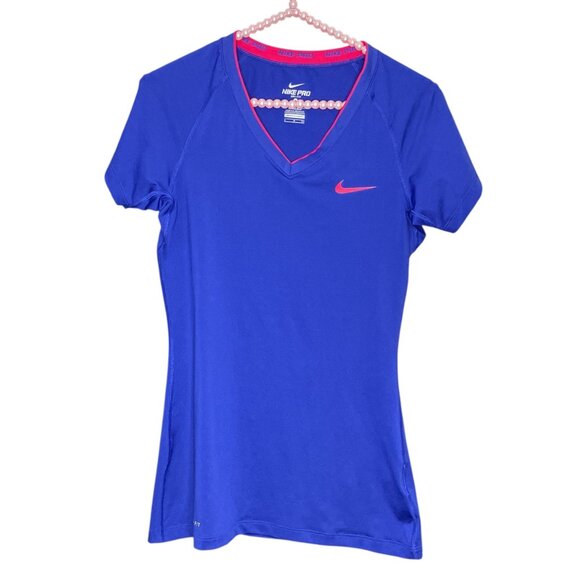 Nike PRO Women's Small S Fitted V-Neck Logo Compression Athletic Tee Purple Pink - Picture 1 of 4